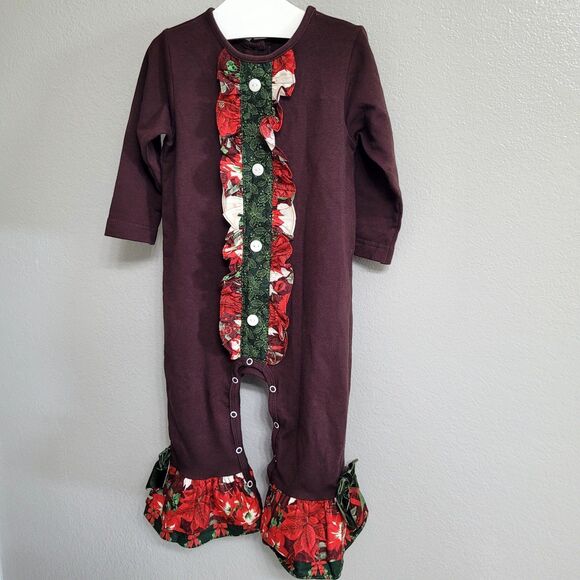 Ricrac & Ruffles Brown Poinsettia Romper Size 24M - Picture 1 of 5